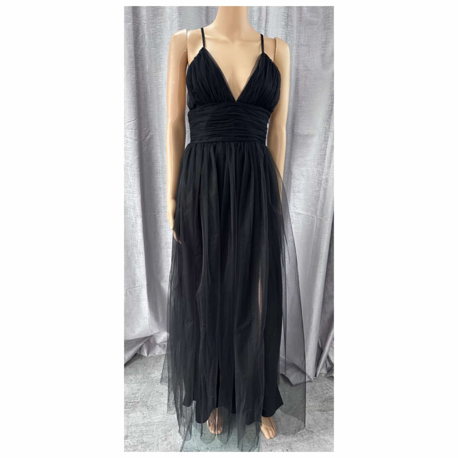 Lace and Beads Black Tulle Cross back dress for hire.  Over 400 dresses in sizes 6-26.